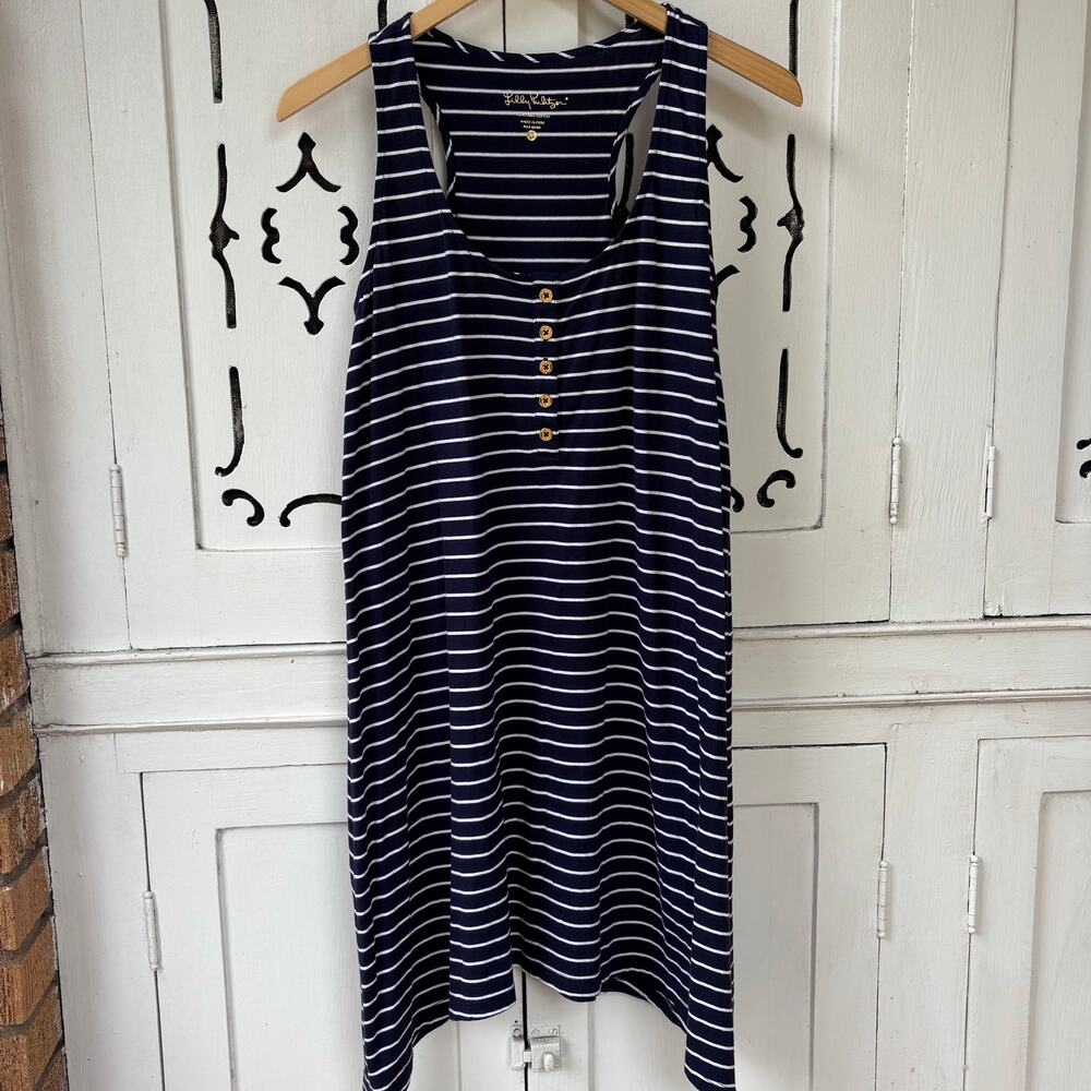 Lilly Pulitzer Jennalyn Navy Palm Stripe Pima Cotton Henley Racerback Dress S - Picture 2 of 7